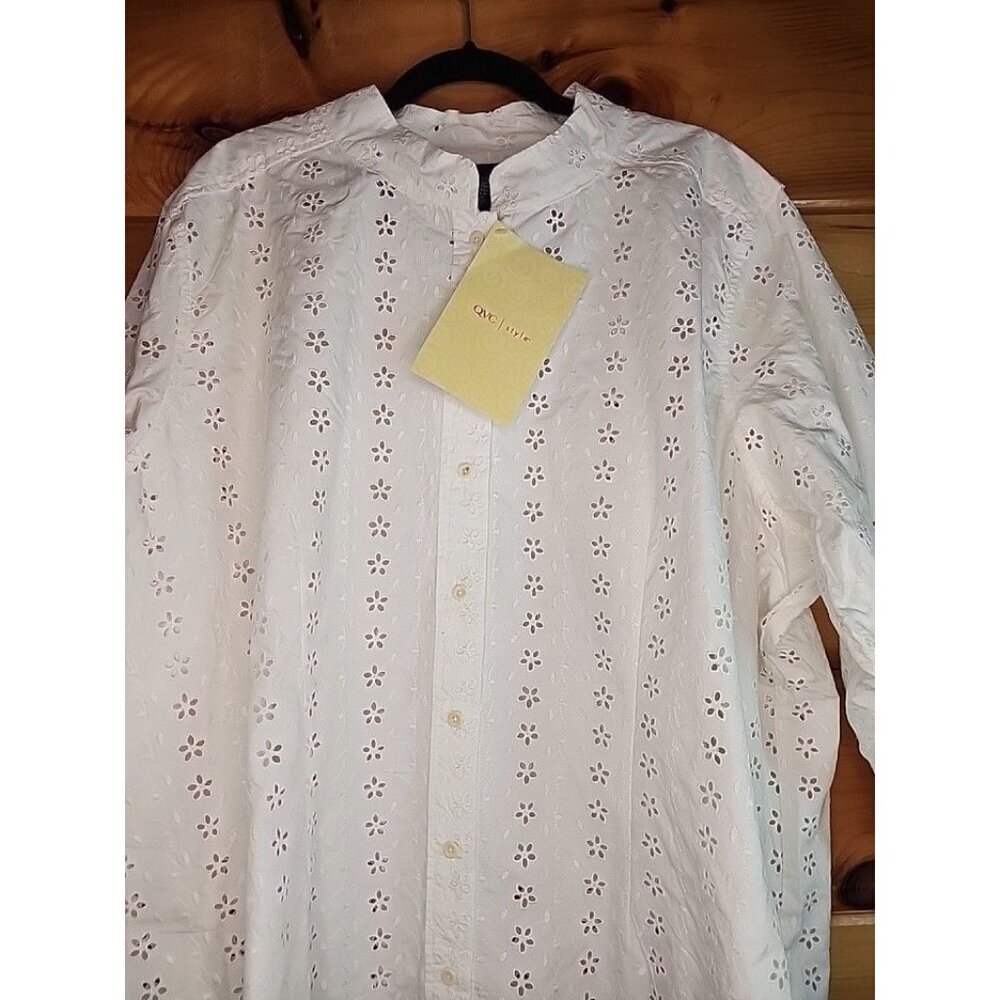 Denim & Co. Women's Plus Size 3X White Button Down Eyelet 3/4 Sleeve